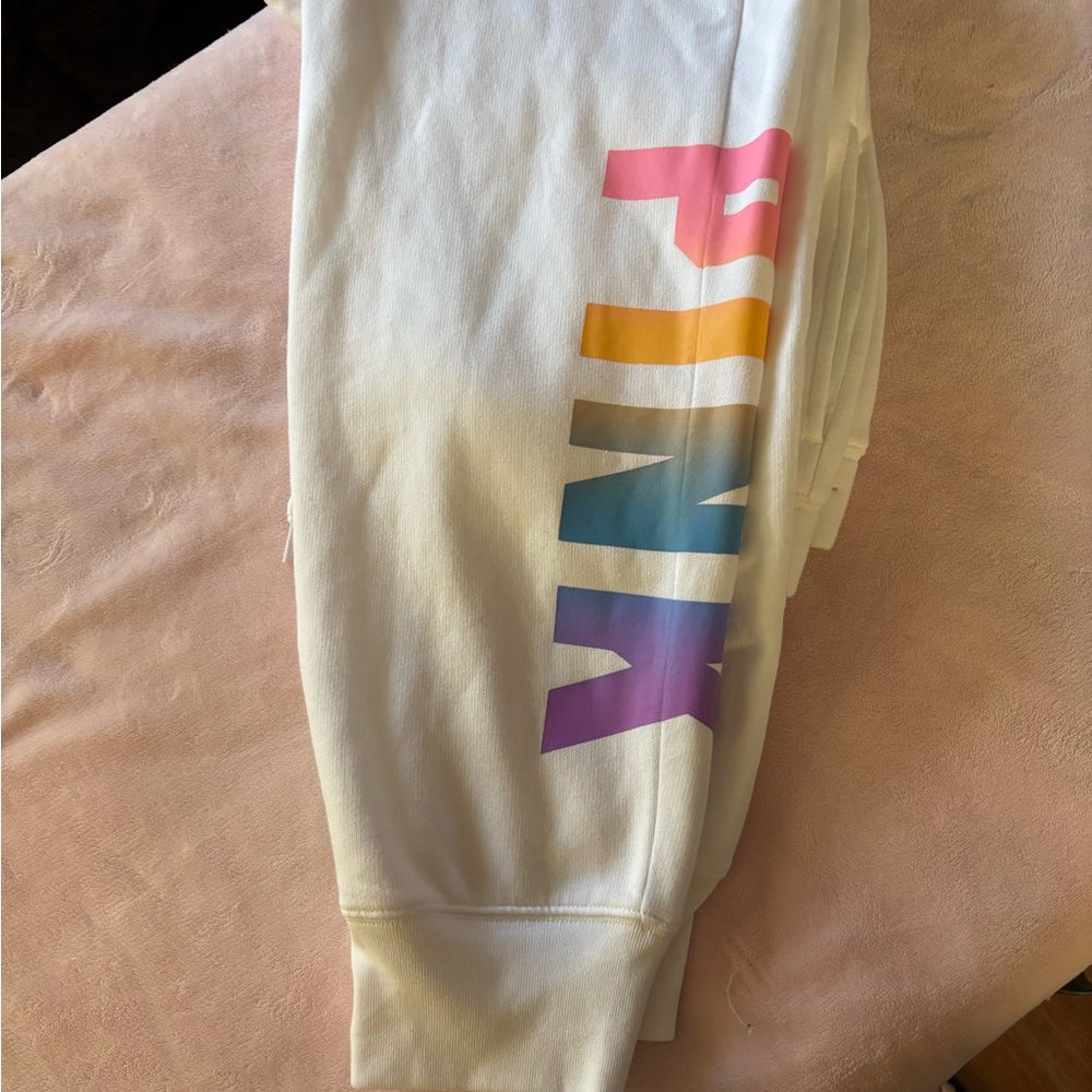 PINK Victoria's Secret White Hoodie and jogger pants set with Multicolor Logo - Picture 4 of 6